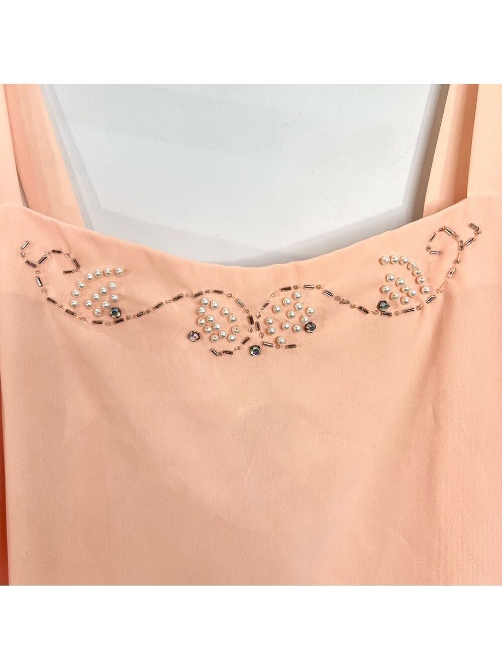 Vintage 80s union made beaded peach chiffon open jacket cami skirt set suit 16 - Picture 10 of 17